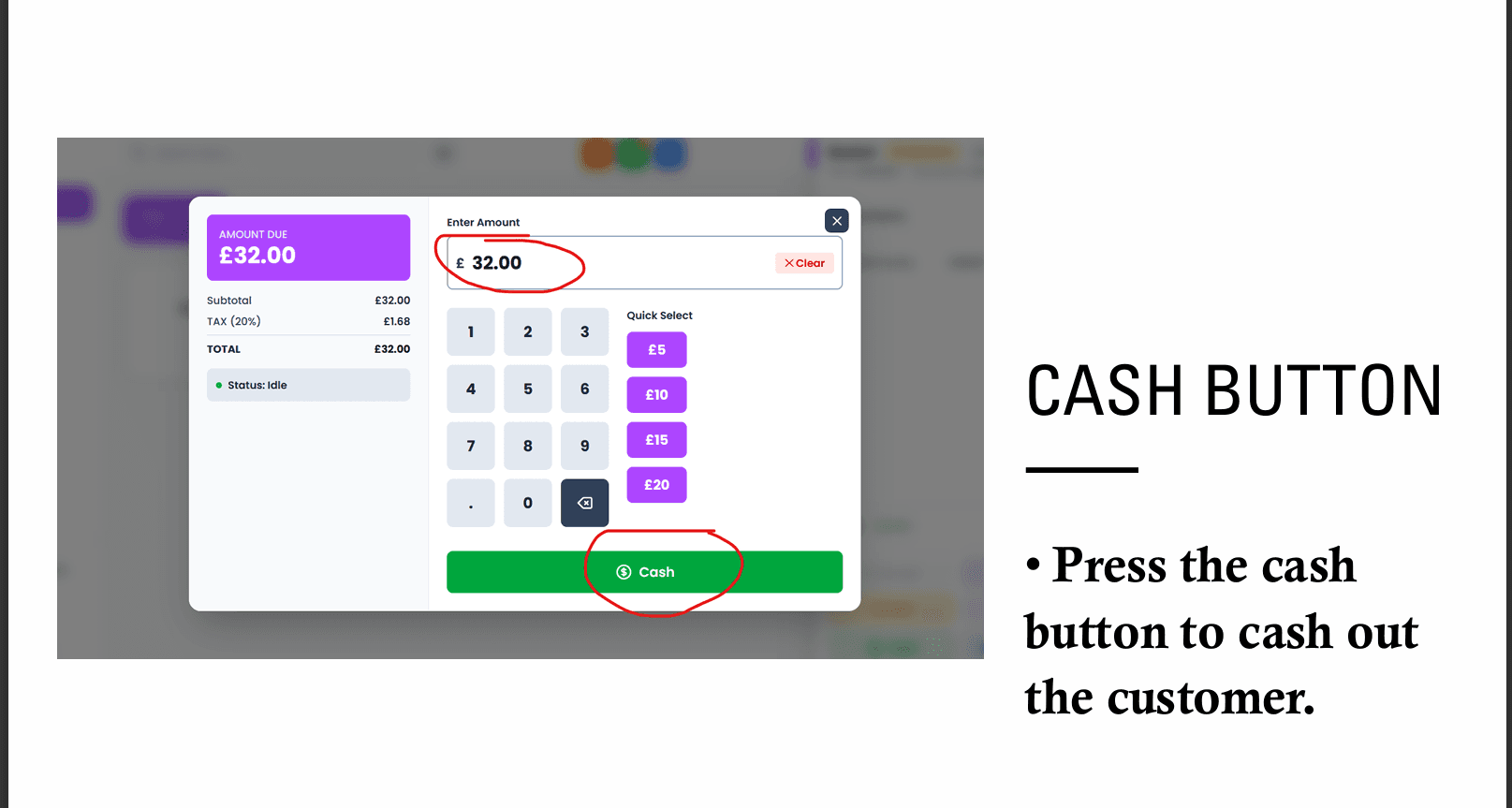 Amount due and Cash button