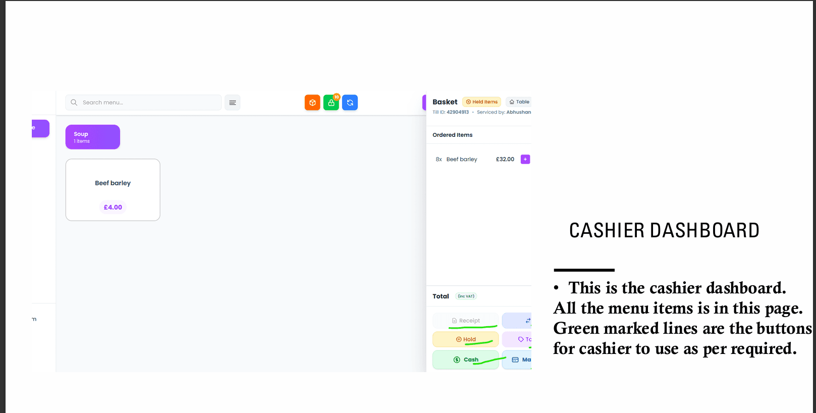 Cashier dashboard with menu and basket