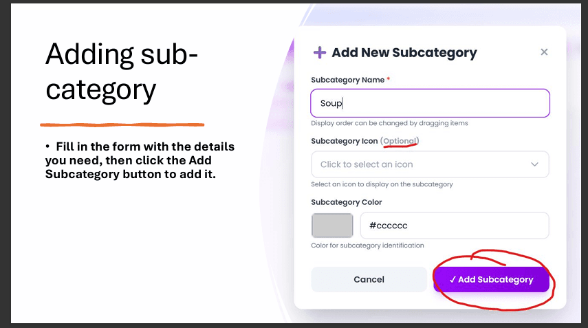 Add Subcategory form